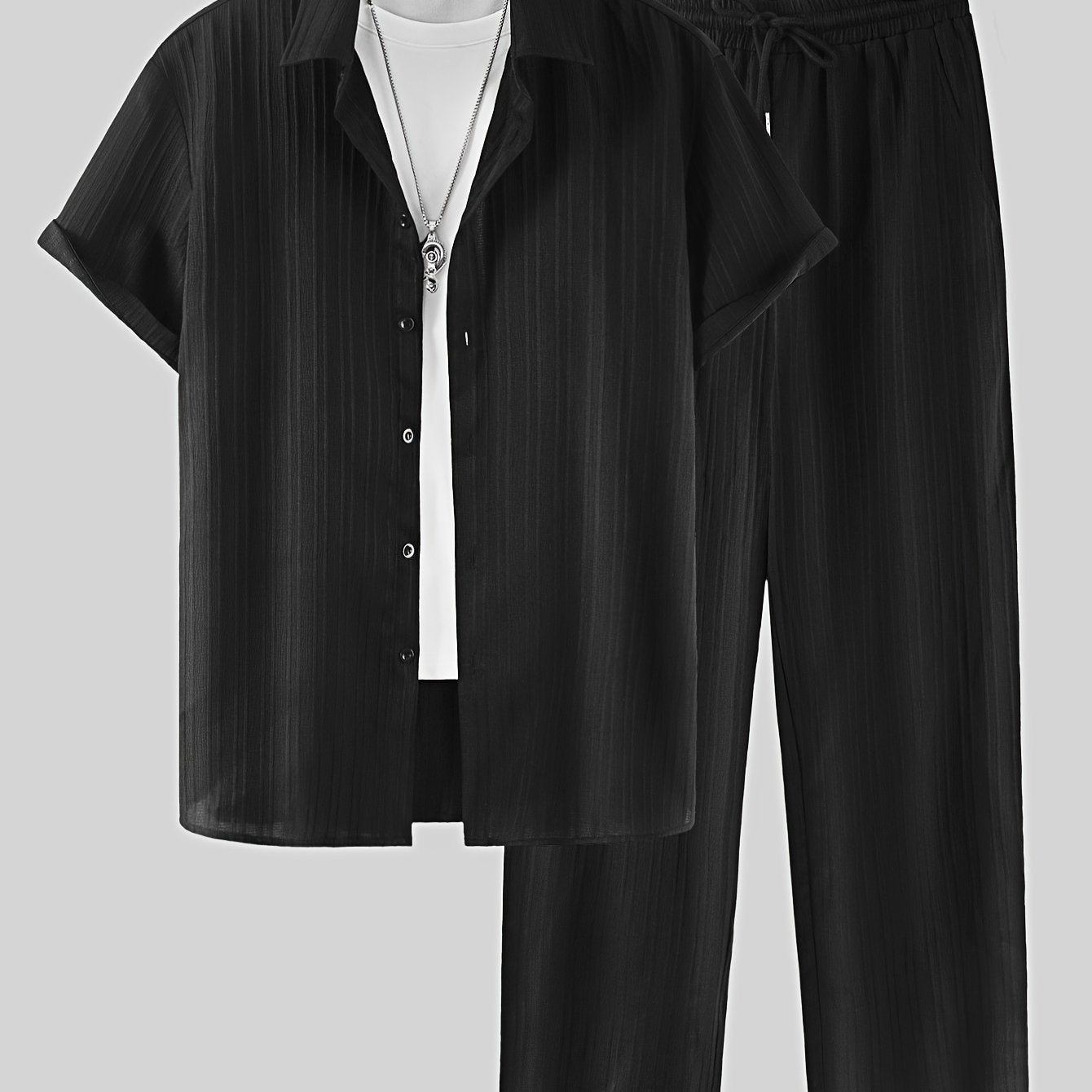 2-piece Men's Stylish Spring Summer Vacation Outfit Set, Men's Ruffled Short Sleeve Lapel Shirt & Drawstring Long Pants Set