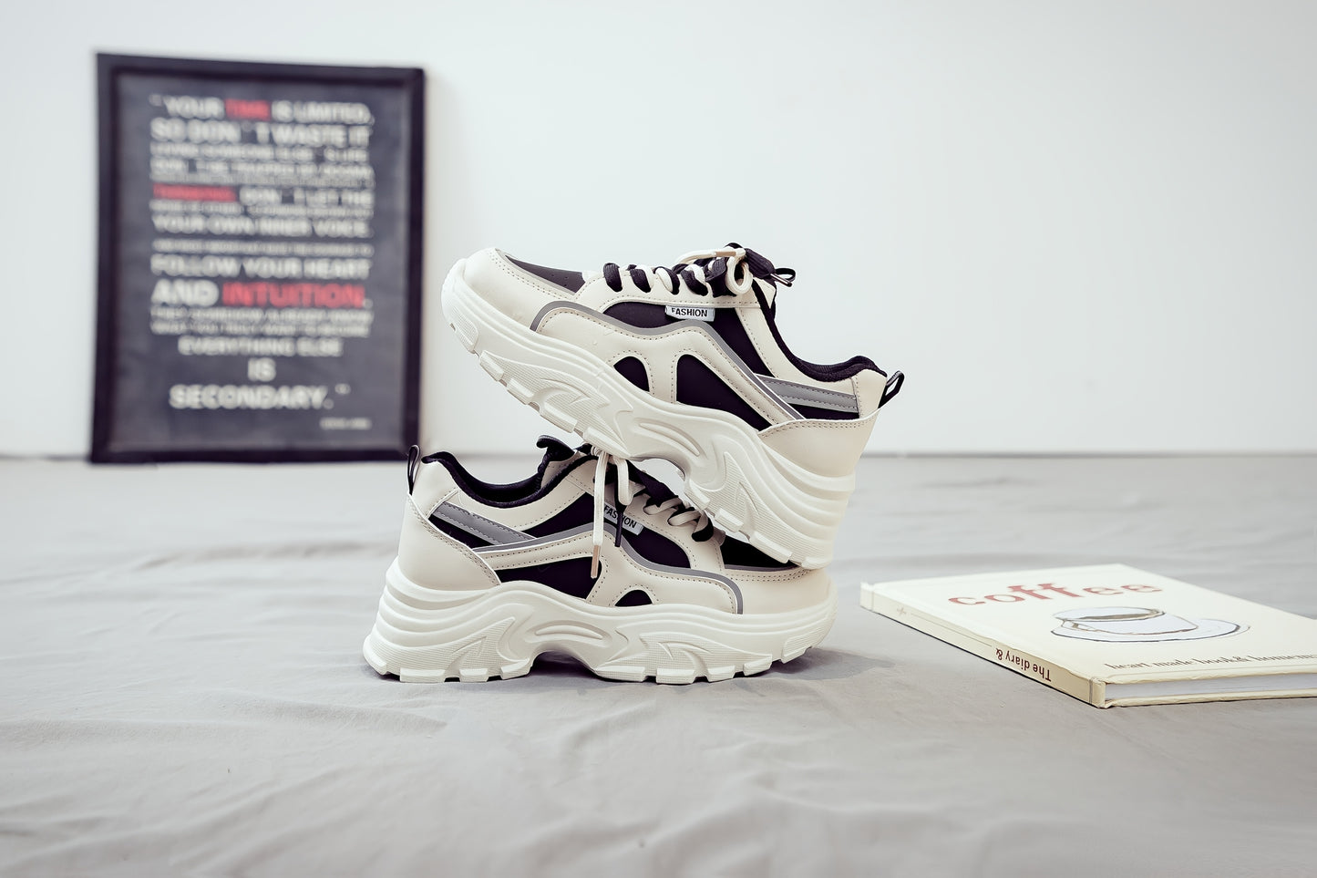 Women's Trendy Chunky Sneakers - Breathable Lace-Up Dad Shoes with Thick PVC Sole, White Beige Two-Tone Design, Versatile Low-Top Style for Casual Attire
