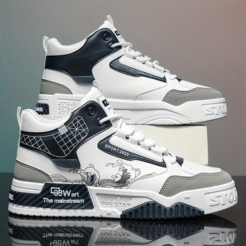 Men's High-Top Skate Sneakers - Comfortable, Non-Slip Casual Shoes for Outdoor Walking Jogging, Stylish Striped/Solid Design, Lace-Up, All Seasons
