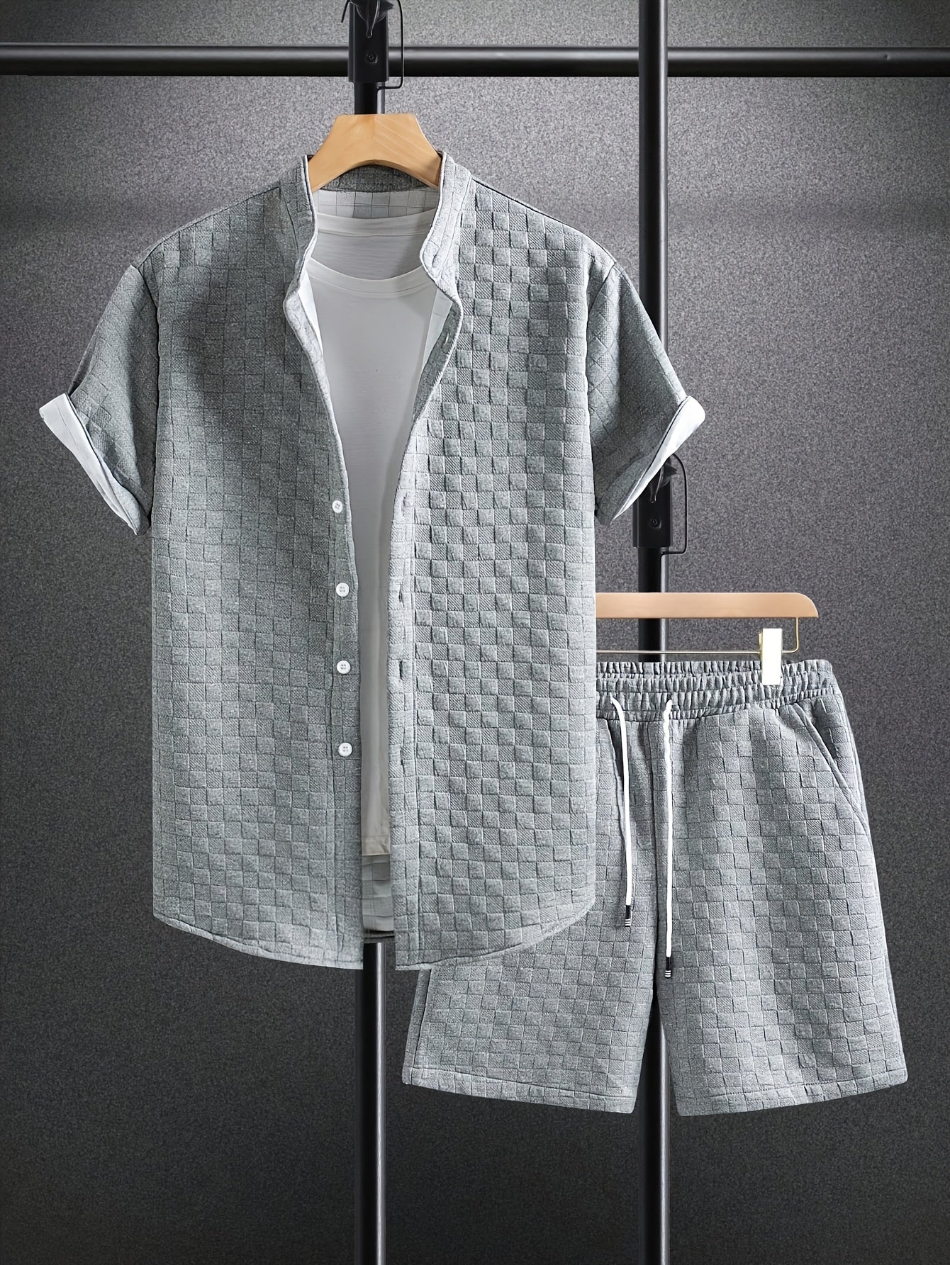 Men'S Casual Short Sleeve Button-Up Shirt & Shorts Set - Solid Black, Breathable Polyester Blend, Regular Fit for Summer, Everyday Comfort, Casual Summer Wear | Buttonup Shirt | Polyester Blend