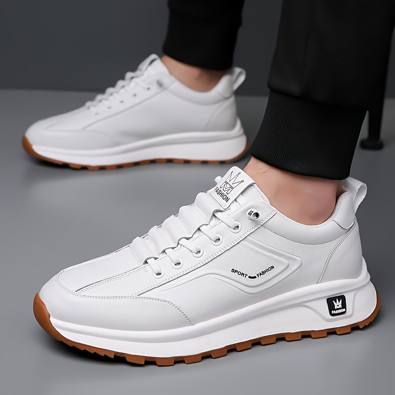 Men's All-Season Breathable White Sneakers - Casual Sporty, Non-Slip Soft Rubber Sole, Low-Top Design with Pull Tab, Comfortable Microfiber Upper for Casual Attire