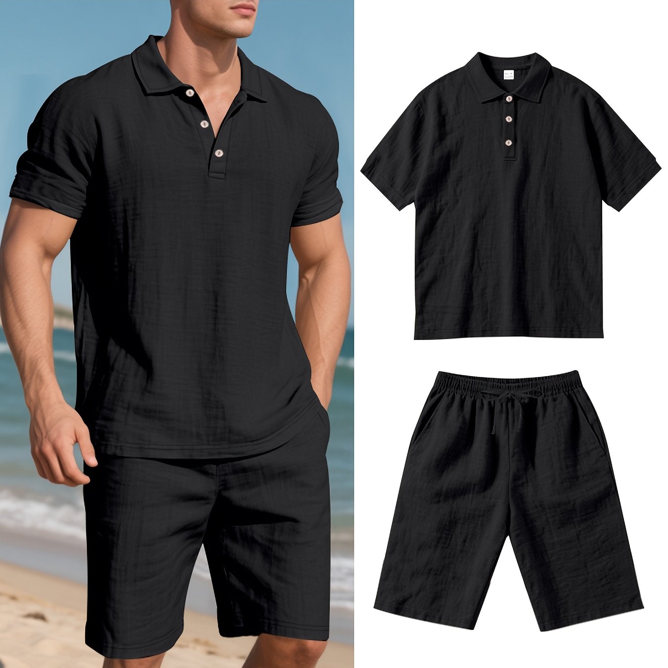 Essential for a Cool Summer! Men's Linen Shirt & Shorts Set, Comfortable Casual Outing Choice - Simple Beach Vacation Style Solid Color Linen