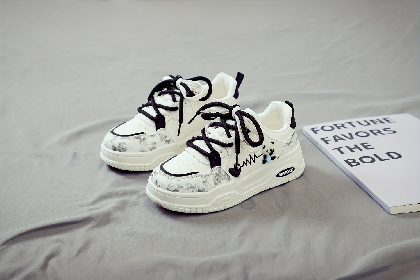 Women's White Mid-Top Sneakers with Bear Heart Stripes Design - PU Cover Upper, Thick Cushioned PVC Sole - Trendy Casual Shoes for All-Season Comfort
