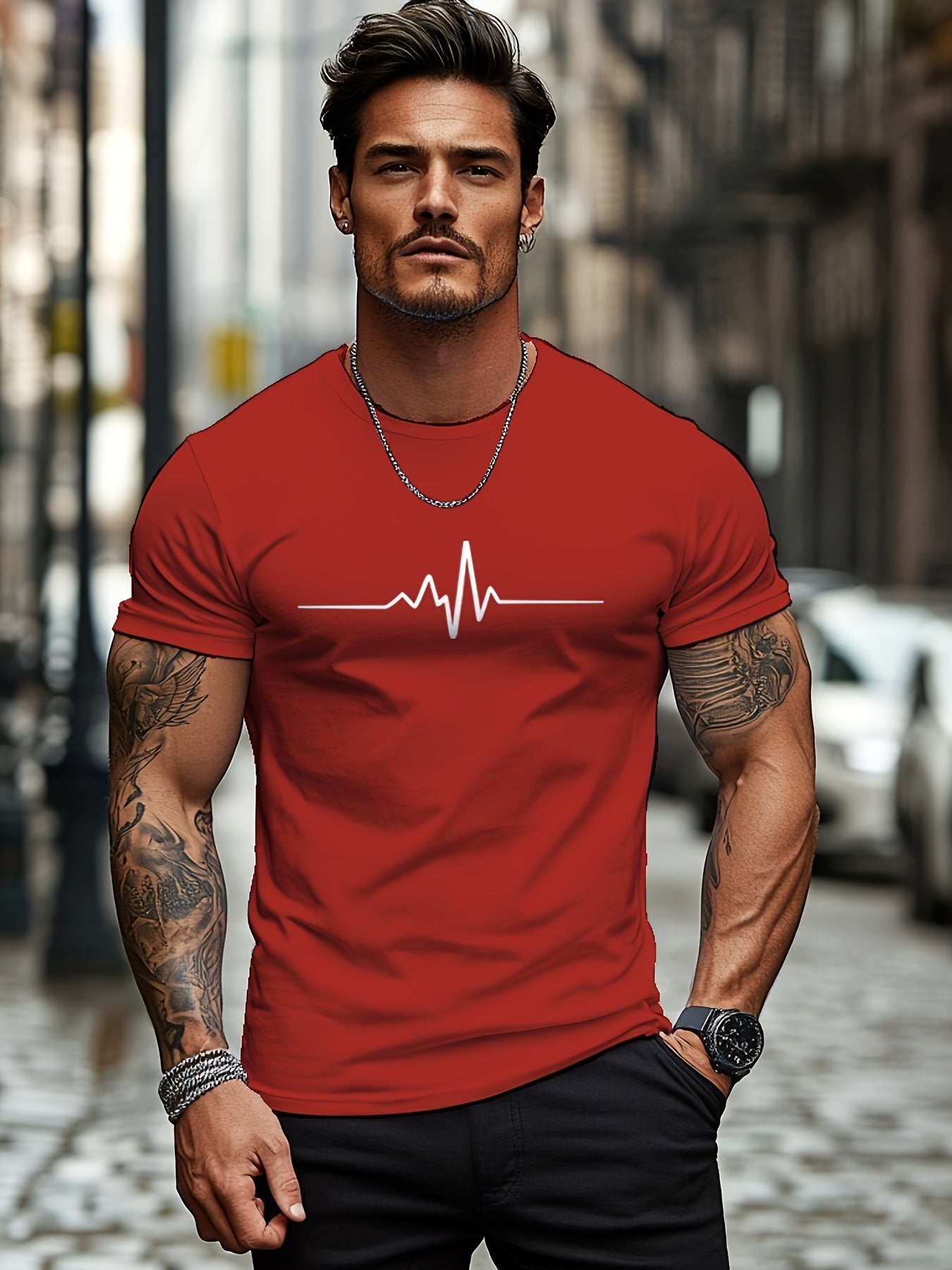 Men'S Brown T-Shirt with ECG Heartbeat Graphic - Casual Streetwear, Short Sleeve, Round Neck, Stretch Fabric, All-Season Comfort, Casual Streetwear Tee Round Neck Tshirt Comfortable Fit
