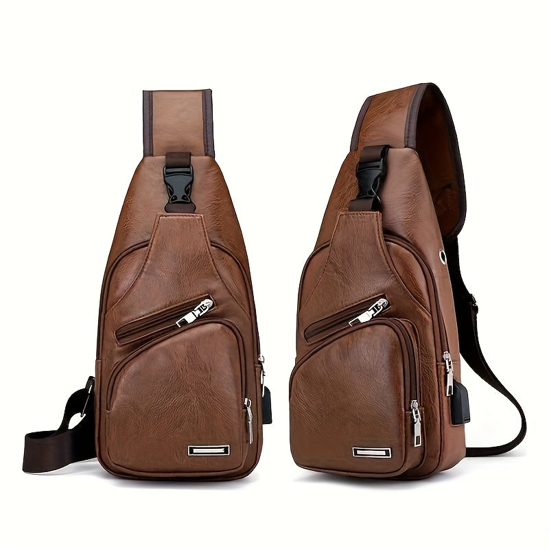 2025 New Men'S Fashion Chest Bag - Soft Faux Leather Anti-Theft Crossbody Bag with Multiple Compartments, Adjustable Strap Zipper Closure for Gym, Travel, Casual Outings (Brown), Secure Travel Pouch, Textured Finish