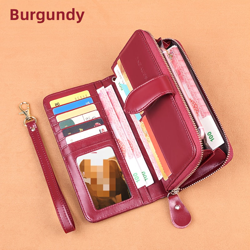 Two-Layer Cowhide Leather Clutch Wallet for Men & Women, Casual Large Capacity RFID Blocking Zippered Hand Purse with Transparent ID Slot and Anti-Theft Brush, Versatile for Going Out