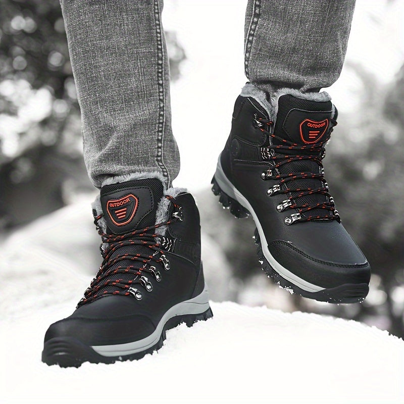Men'S Winter Snow Warm Hiking Boots, Plush Ankle Boots, Lace-Up Outdoor Trend Style, Suitable for Hiking on Snowy Ground