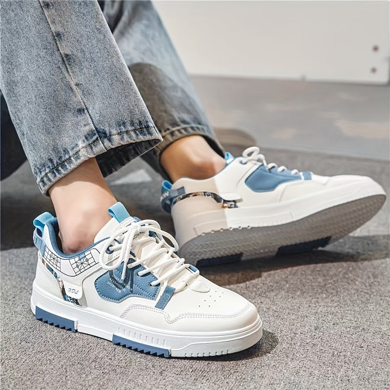 Men's Skate Shoes with Good Grip Breathable Design - PU Upper, Cushioned PVC Sole, Black/Blue Letter Pattern Lace-Up Sneakers for All-Season Casual Sports Wear, Allseason Shoes Modern Casual Shoes Comfortable Wear