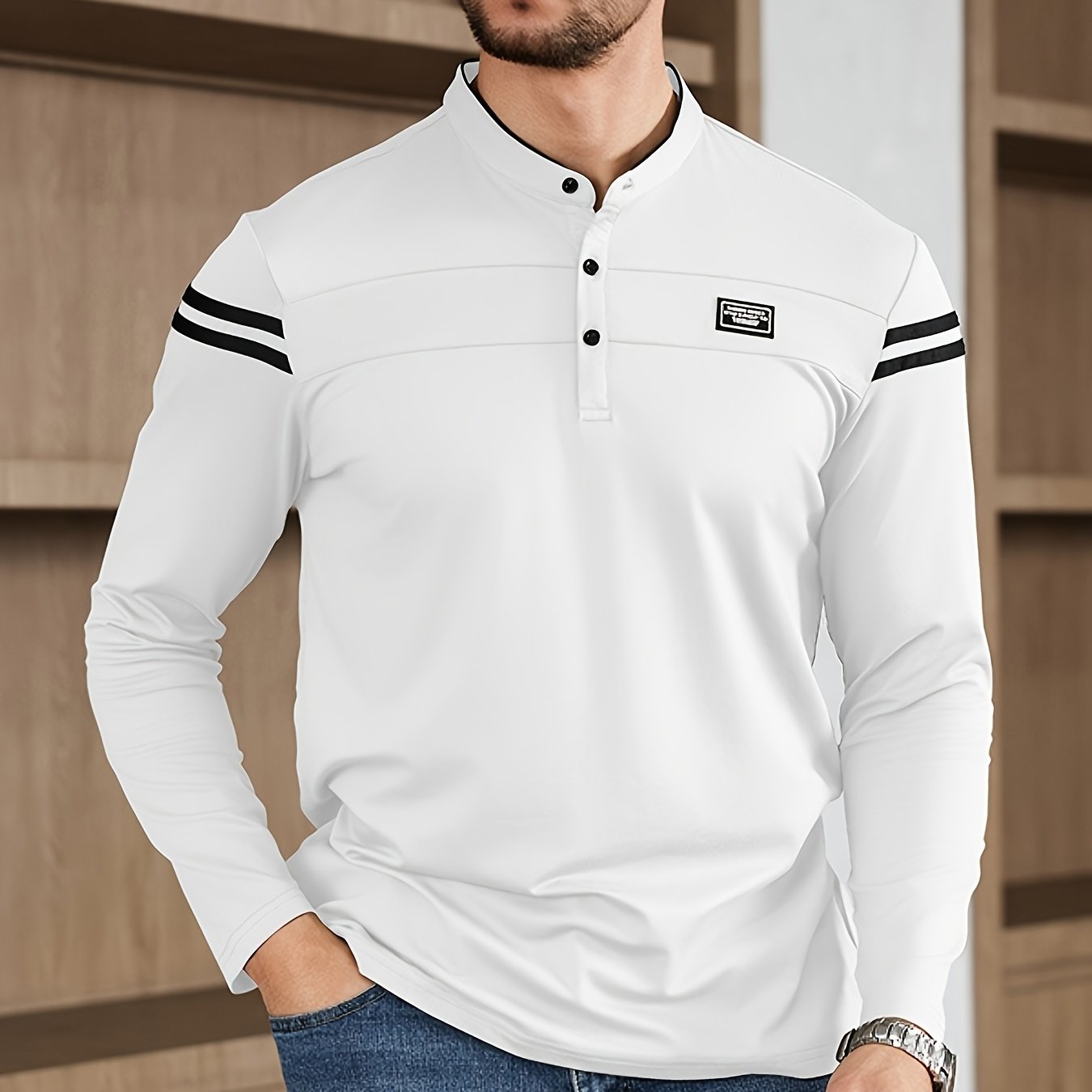 Men'S Casual Long Sleeve T-Shirt - Solid Color with Stand Collar Stripe Polo, Button-Up Front, Ideal for Outdoor Activities