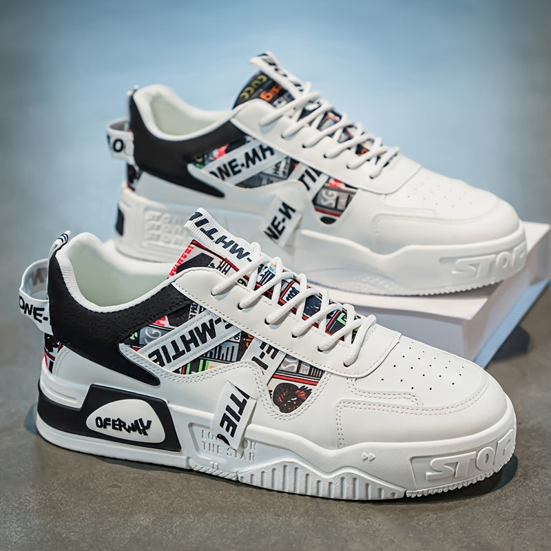 1 Pair MAINALUN Men'S Business Casual Sneakers - Lightweight, Durable, and Stylish for Outdoor Activities, Travel, and Daily Wear, White with Black Accents and Logo, Comfortable Lace-Up Design, Casual Footwear Stylish Casua