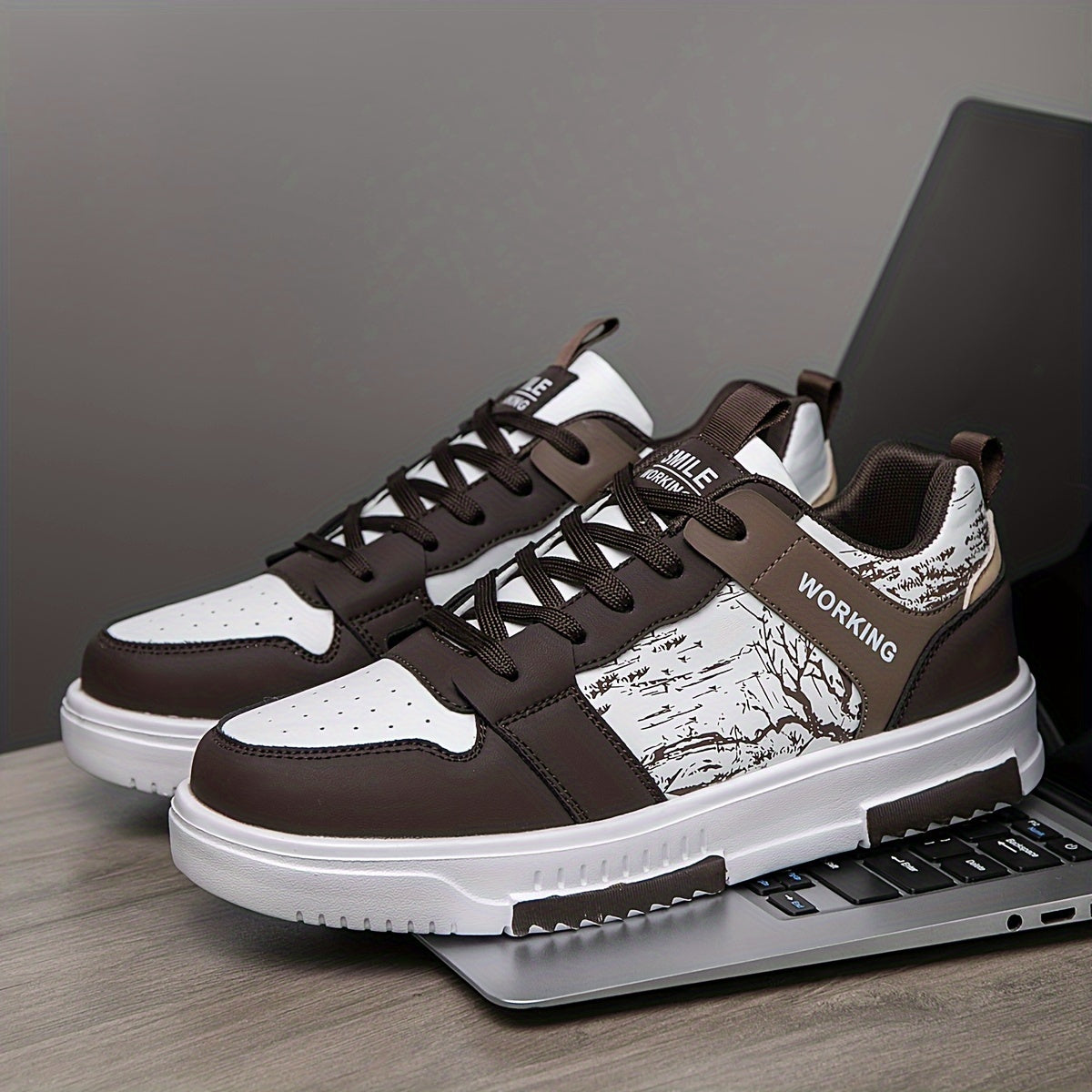 1pair Men'S Fashion Skateboard Sneakers, Casual Street Style Athletic Shoes with Branch Print, Comfortable Lace-Up Low-Top Trainers, Faux Upper, Fabric Lining, EVA Sole, for Running and Daily Wear