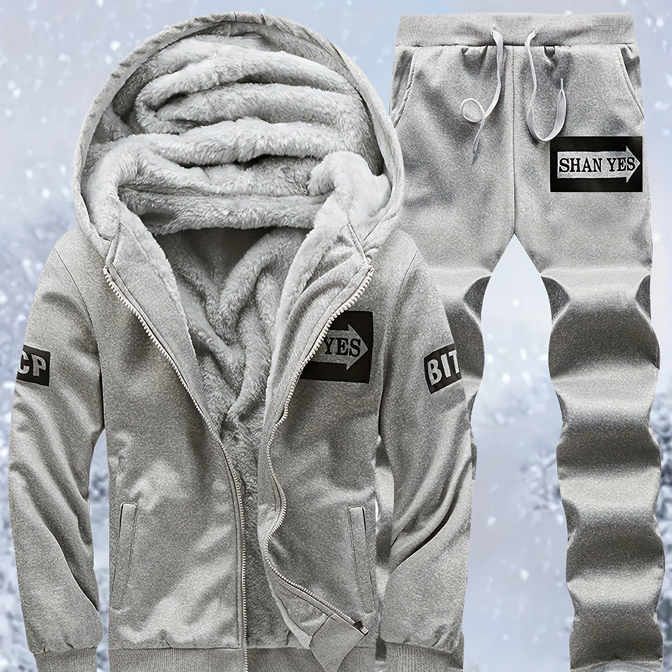 Men's "SHAN YES" Alphabet Print Fuzzy Lining Hooded Sweatshirt And Joggers Set, Warm Athletic Outfit For Running And Outdoor Fitness, Autumn And Winter