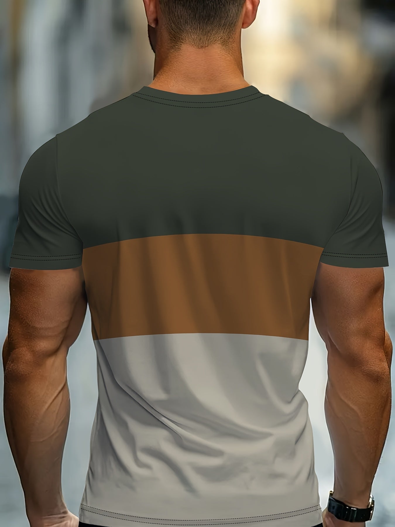 Men's Modern Fit T-Shirt - Dark Green to Beige/Ochre Color Transition, Machine Washable Casual Everyday Shirt for Parties Outings - Non-Transparent Fabric, Horizontal Stripe Design, Comfortable Fit Tee, Outing Attire, Trend
