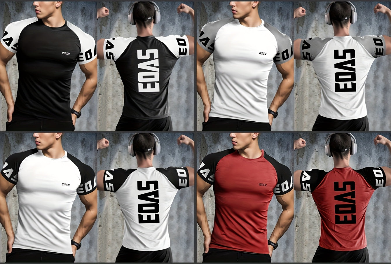 Men's Quick-Dry Breathable Mesh Sports T-Shirt - Summer Gym Workout Top with Contrast Black White Sleeves for Man Letter Print, Slim Fit for Running Training Casual Wear, Breathable Running Gear Sporty Casual Tee Mesh