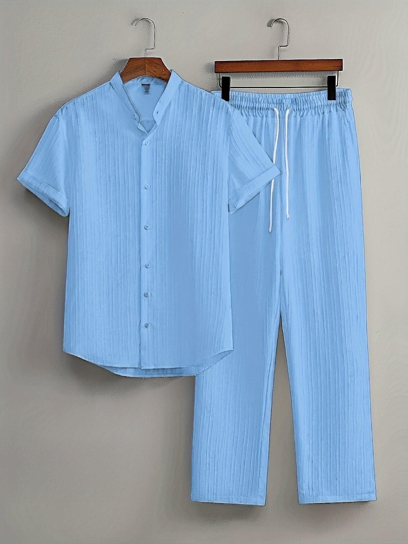 Casual 2pcs Set: Short Sleeve Stand Collar Shirt + Tie Straight Leg Pants, Suitable for Vacation Beach Outdoor Leisure Party