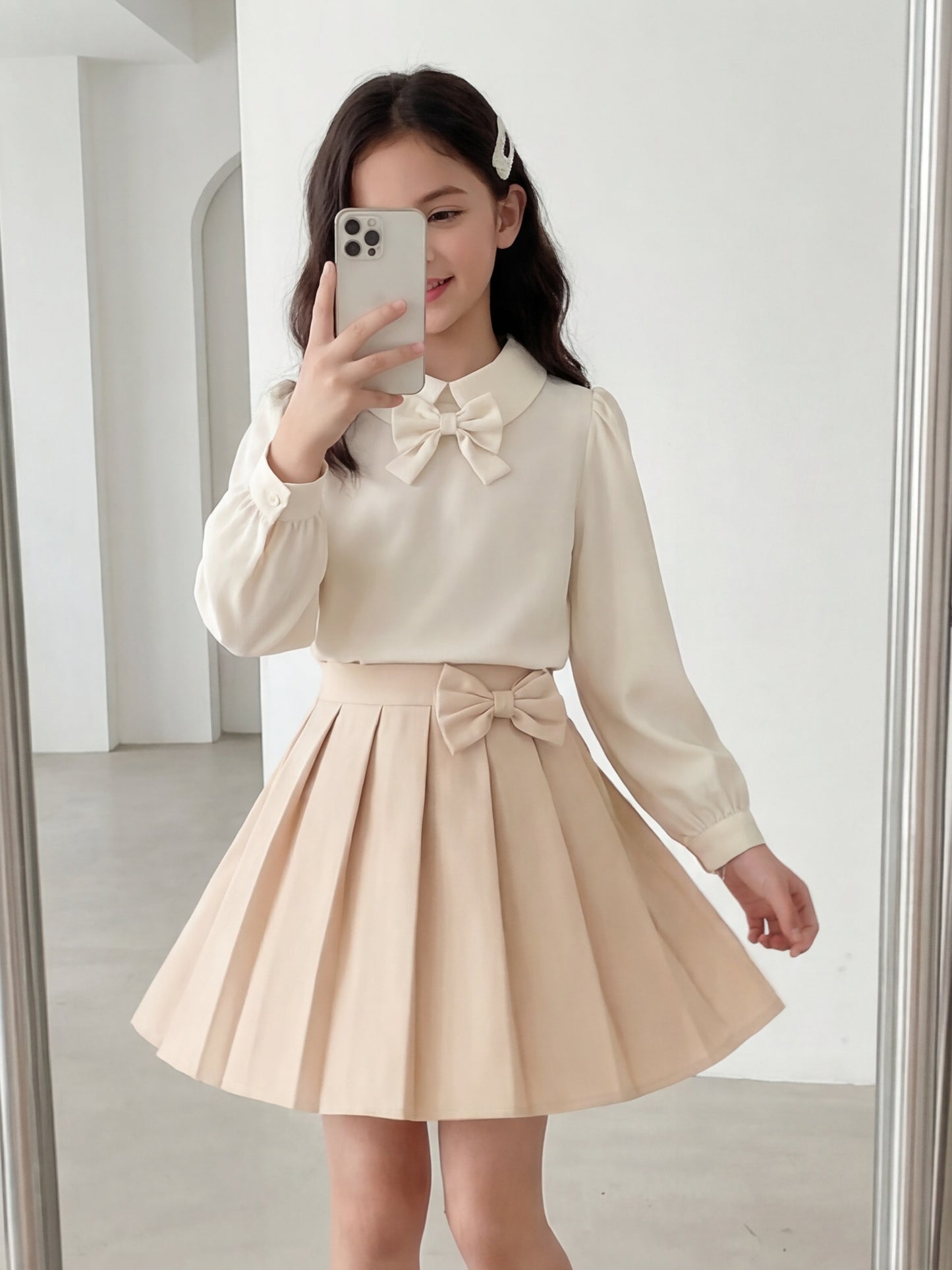 Girls' Elegant Apricot Puff Sleeve Shirt & Pleated Skirt Set