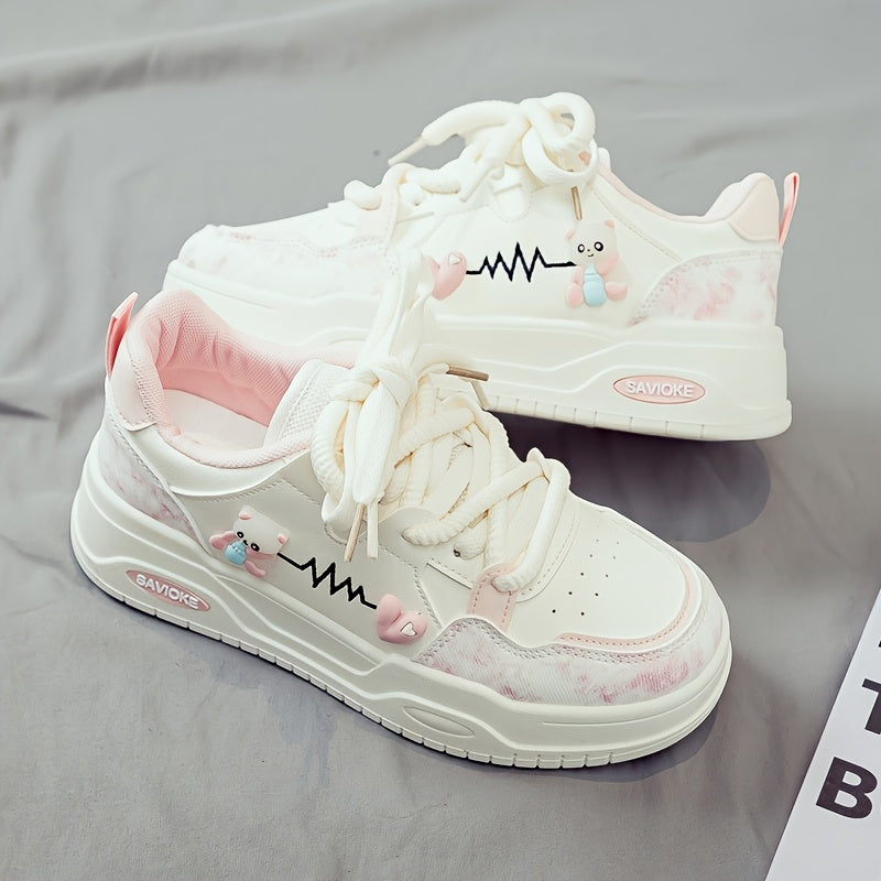 Women's White Mid-Top Sneakers with Bear Heart Stripes Design - PU Cover Upper, Thick Cushioned PVC Sole - Trendy Casual Shoes for All-Season Comfort