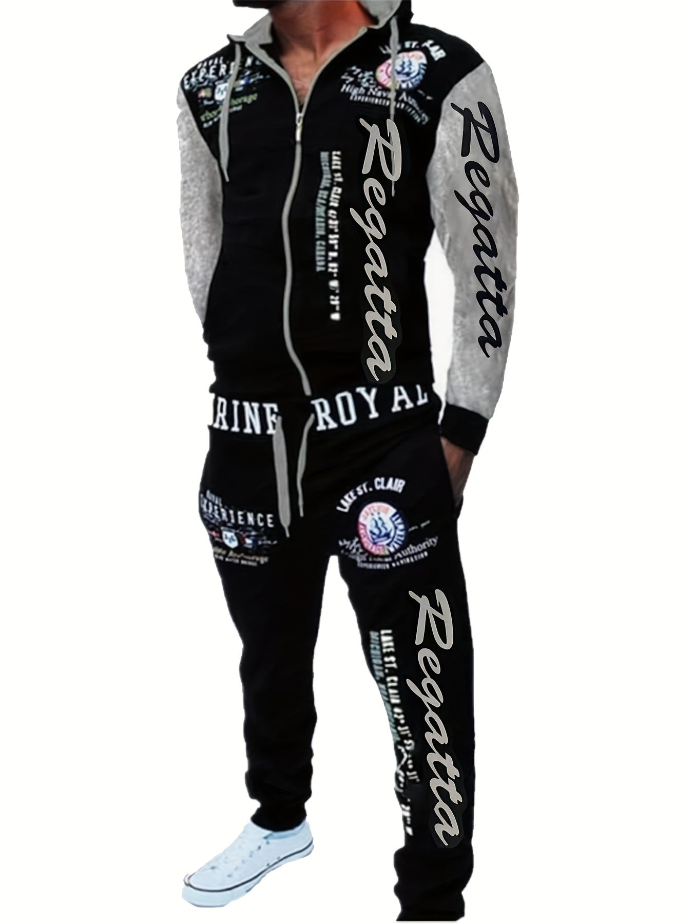 Men's Hooded Letter Print Tracksuit, 2pcs Casual Sports Set, Fashion Hoodie With Full-zip And Elastic-waist Pants, Regular Fit, Outdoor Cloth