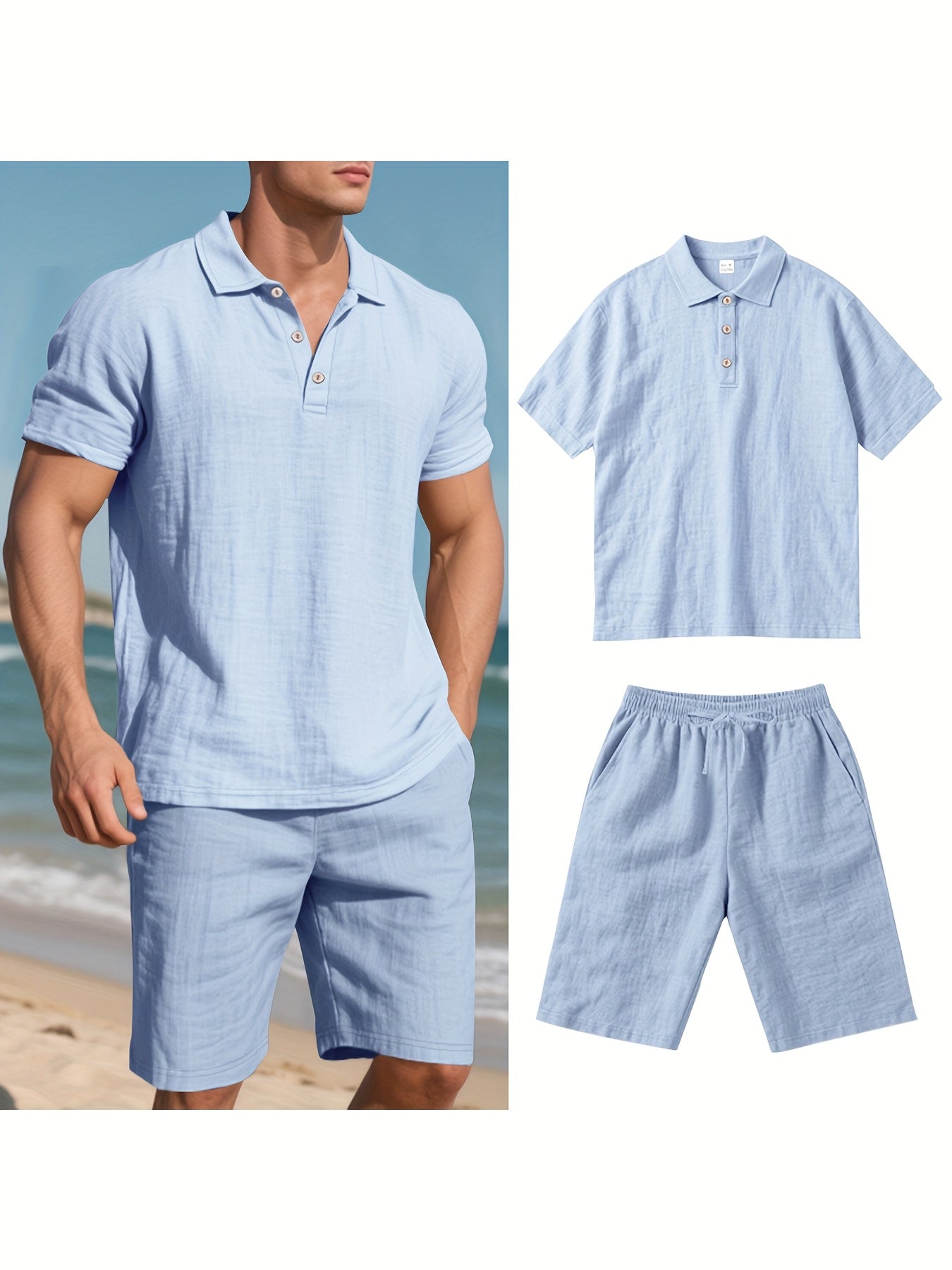Essential for a Cool Summer! Men's Linen Shirt & Shorts Set, Comfortable Casual Outing Choice - Simple Beach Vacation Style Solid Color Linen