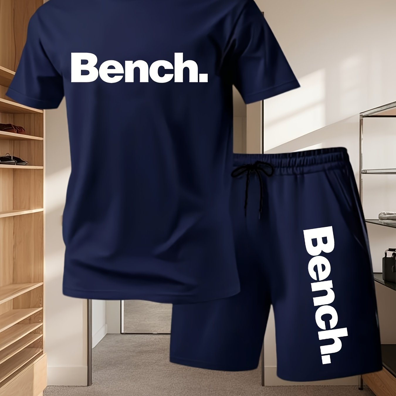 Summer Men'S Casual Sports Short Sleeve T-Shirt and Shorts Set, Comfortable Breathable, Suitable for Outdoor Jogging Running Fitness, Bench. Letter Print Design - 2pcs