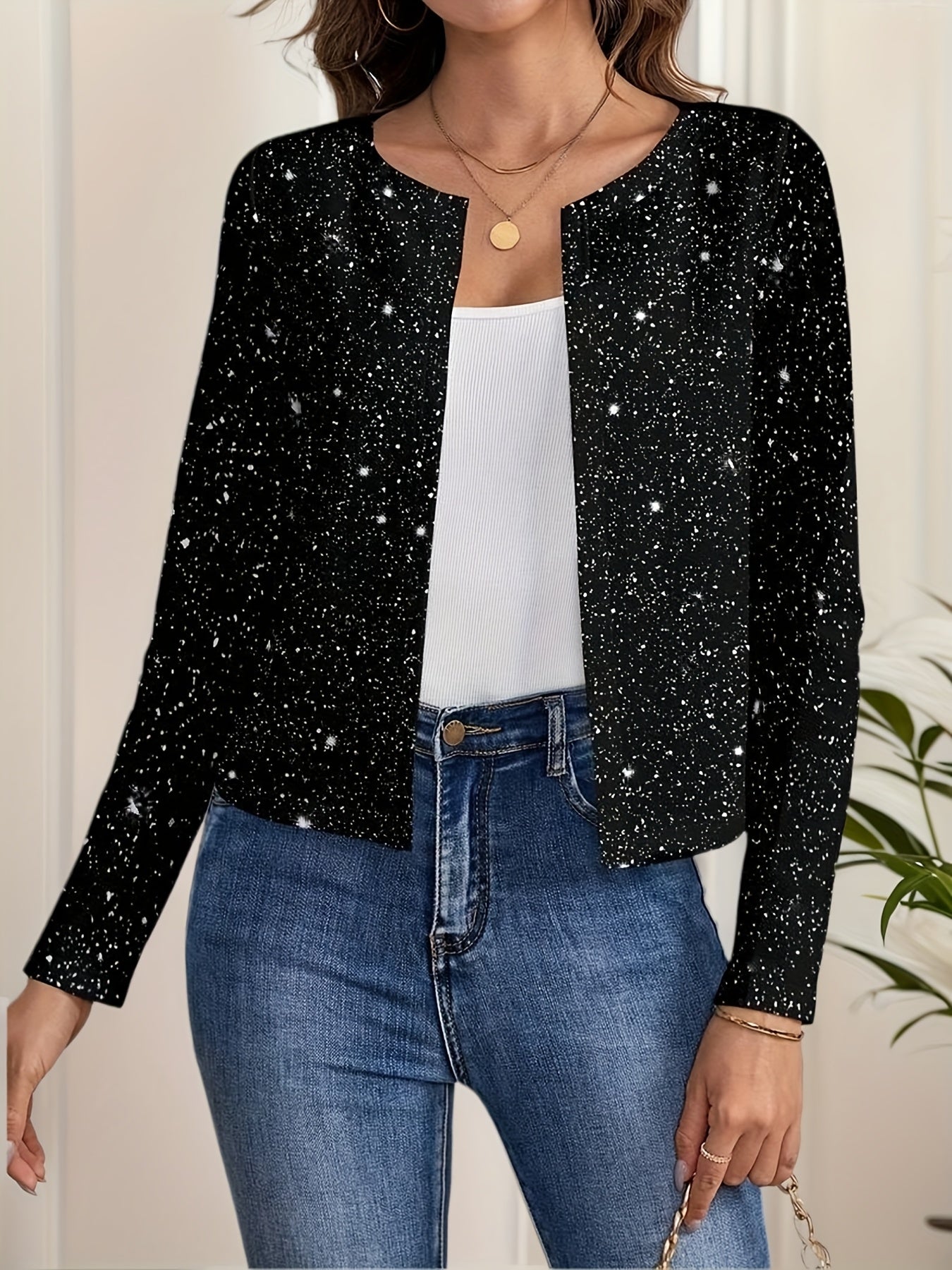 Starry Sky Printed Casual Jacket, Women'S Long-Sleeve Open-Front Casual Coat
