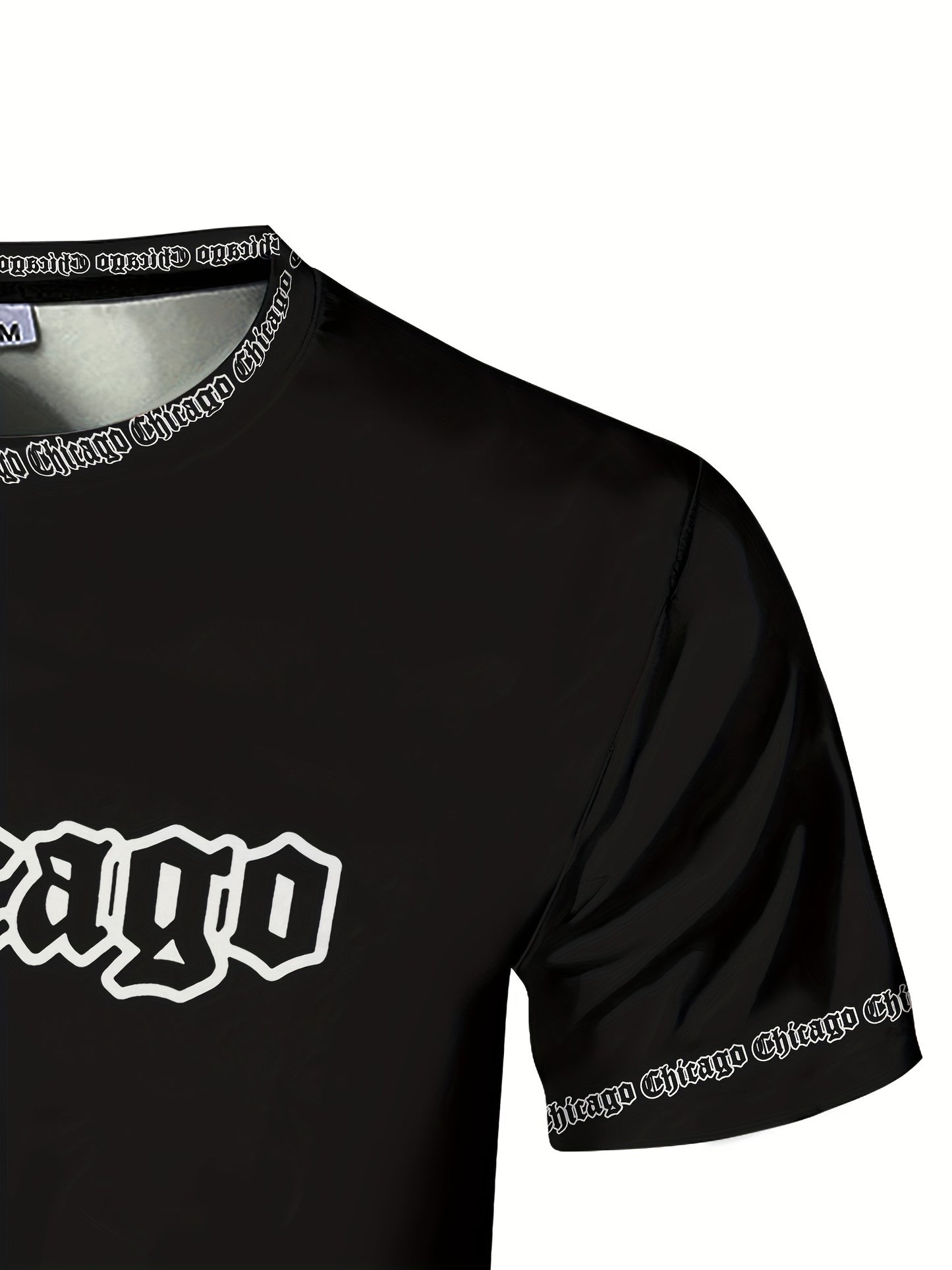 Men'S Chicago Print T-Shirt, Polyester-Spandex Blend, Crew Neck, Short Sleeve, Geometric Pattern, High Stretch, Tear Resistant, Sports Casual Style, Summer Fit Top for Training, Yoga, Hiking Festive Occasions