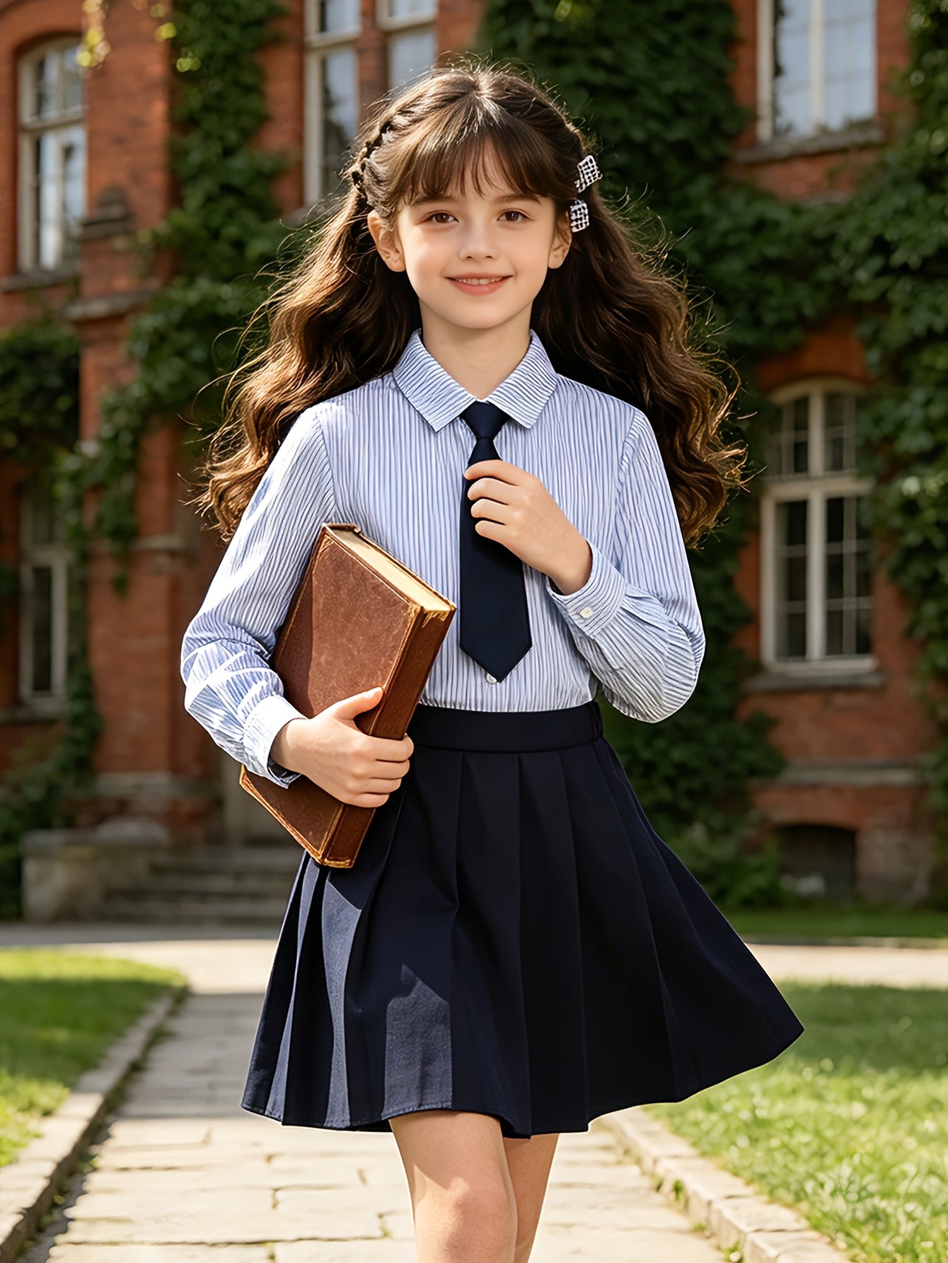 Girls' Preppy School Uniform Set with Striped Shirt & Pleated Skirt