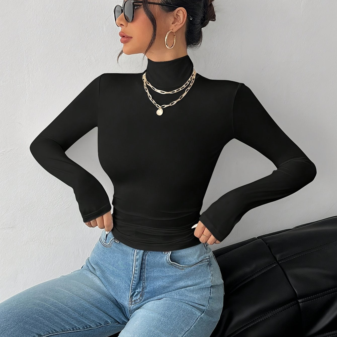 Women'S Elegant High Neck Long Sleeve T-Shirt - Soft Stretchy Solid Color Top for Spring Summer Fall, Versatile Casual & Formal Wear, Machine Washable, Seasonal Fashion, Sophisticated Style, Comfortable Fit, Stylish Blouse, F
