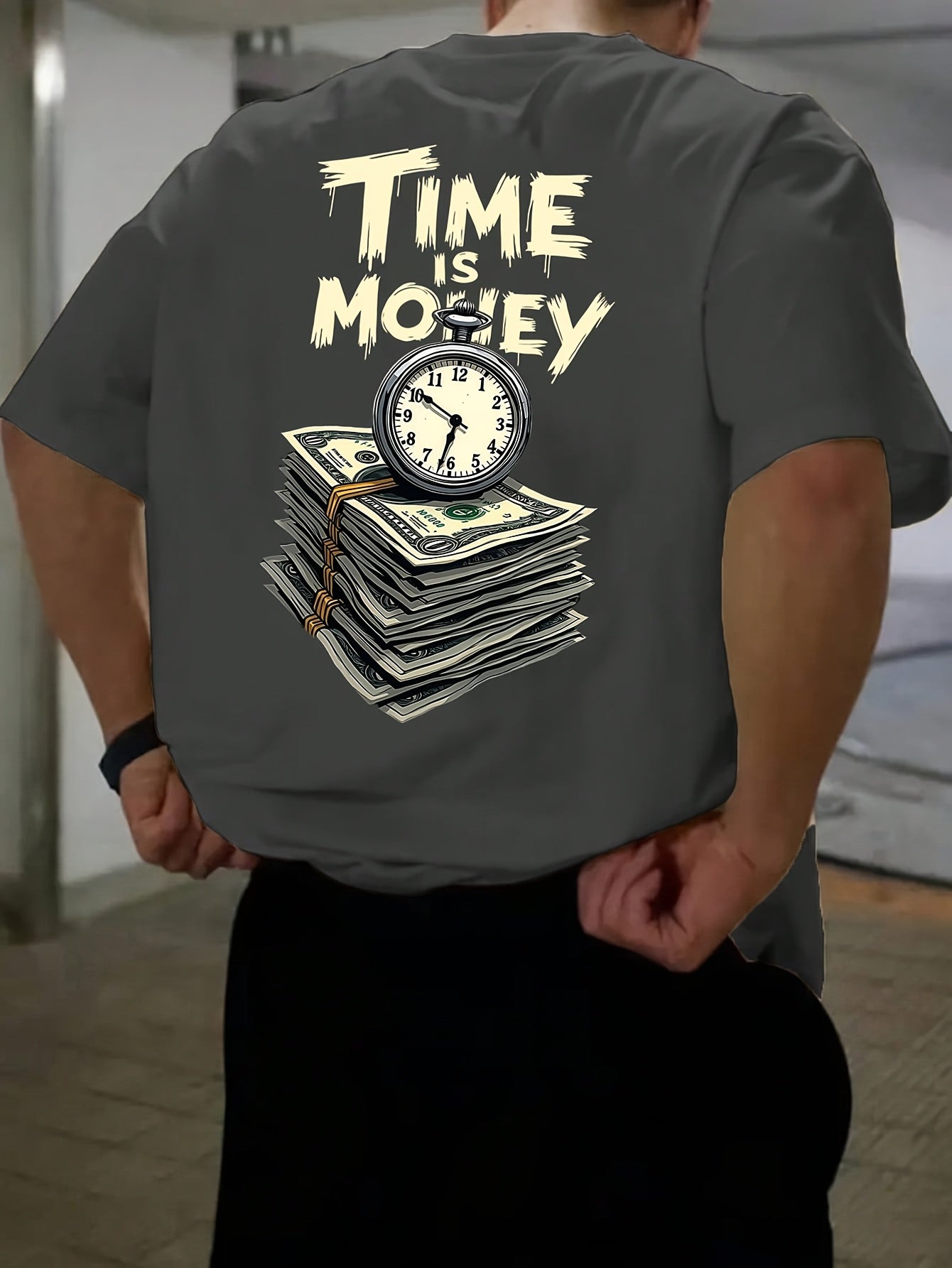 Men'S Casual Short Sleeve T-Shirt with "Time is Money" Clock Stack of Cash Graphic - Lightweight Polyester, Loose Fit, Round Neck, Perfect for Spring Summer Outdoor Wear, Relaxed Fit Shirt Bold Graphic Tee Glossy Text