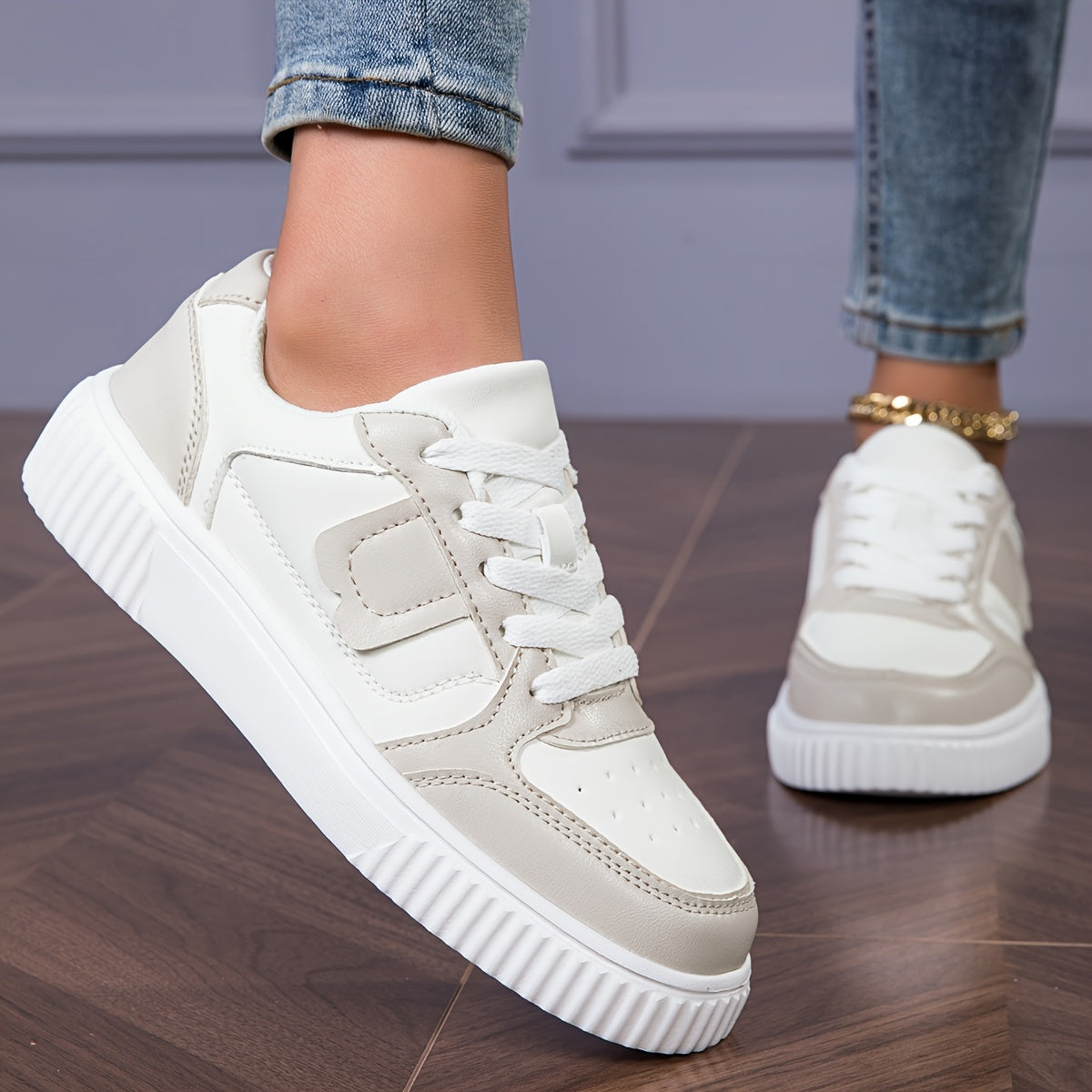 Women's Plus Size Lightweight Casual Sneakers - Thick Sole Slip-Resistant EVA Sole, Breathable Mesh Lining, Round Toe Lace-Up Design, All-Season Comfort, Two-Tone Color Options (White/Brown)
