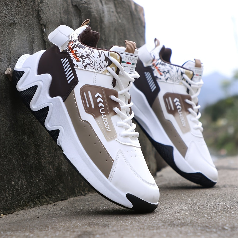 Men's High-Top Basketball Sneakers, Preppy Street Style, Solid Color with Cartoon Stripes, All-Season Lace-Up Sports Shoes, Faux Upper, Fabric Inner, Rubber Sole, for Running, Hiking Casual Wear, Outdoor Activities Shoes