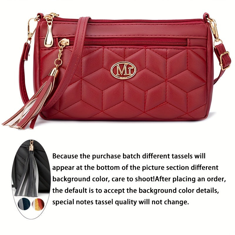 Quilted Women'S Crossbody Bag with Large Capacity, Casual Shoulder Bag Featuring Tassel Decorations, Multiple Zip Openings, And Adjustable Shoulder Strap