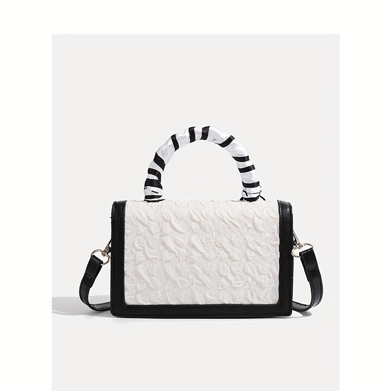 Chic Retro Square Crossbody Bag for Women - White Synthetic with Black Accents, Adjustable Strap & Metal Buckle Closure, Elegant Handbag for Commuting, Casual Outings & Everyday Use, Small Crossbody Bag