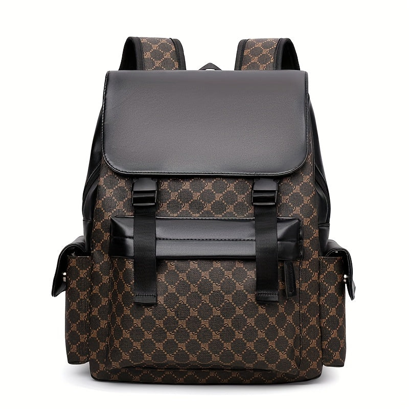 Men'S Stylish Black Brown Gingham Print Backpack - Versatile Commuter Bag with Multiple Pockets, Adjustable Straps, and Golden-Tone Hardware for Work, Travel, and Study, Travel Backpack Gingham Pattern Synthetic Backpac