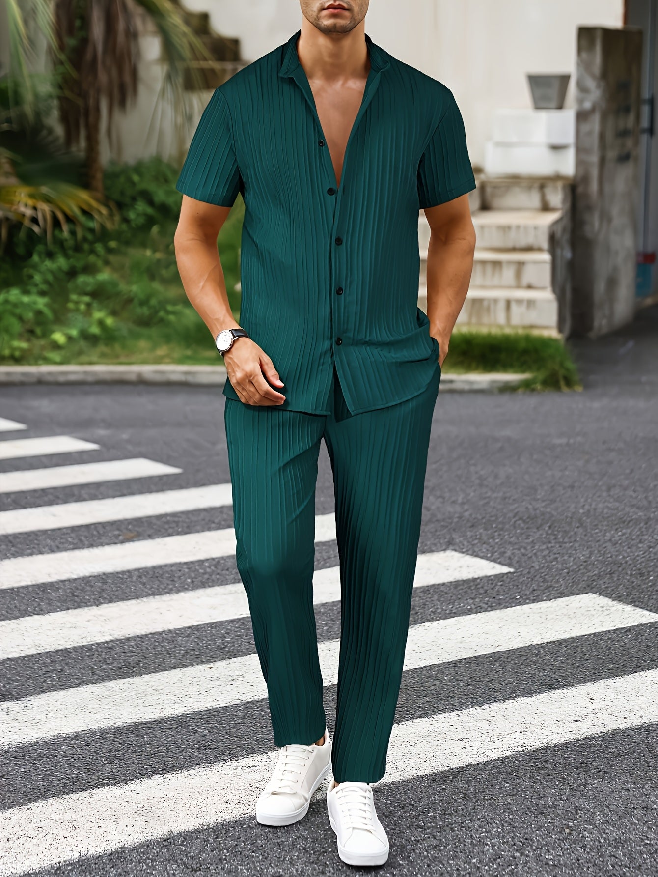 Men's New Trendy Textured Wave Stripe Short Sleeve Long Pants Casual Suit