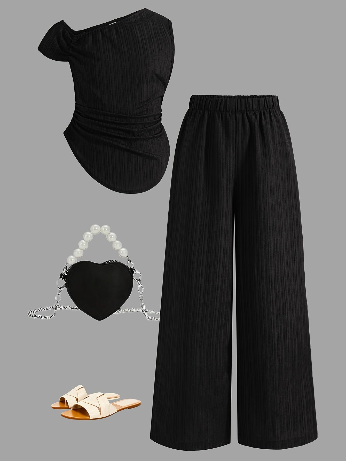 Girls' Summer Street Style Asymmetrical Top & Wide-Leg Pants Set