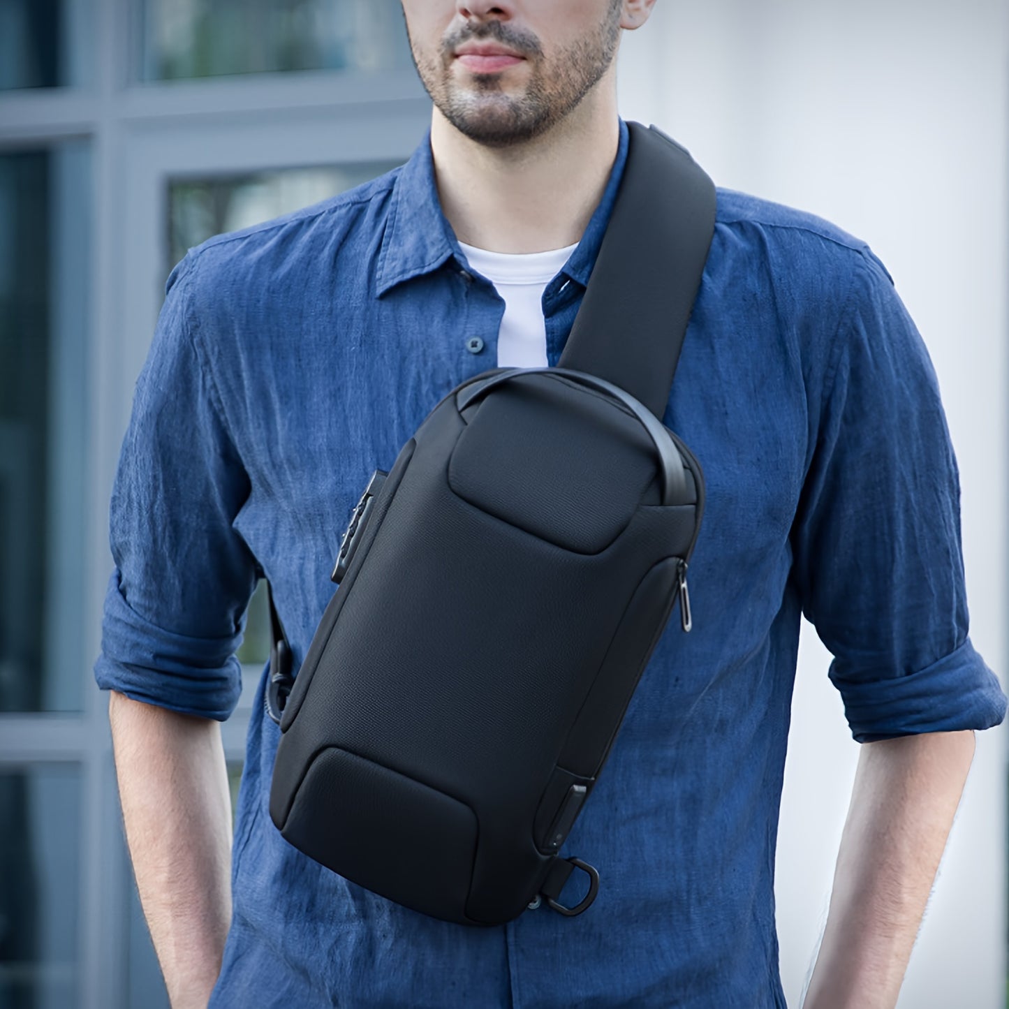 Men's Lightweight Crossbody Backpack with USB Charging Port Password Lock, Adjustable Anti-Theft Shoulder Bag for Travel, Commuting, Daily Use - Durable Polyester Casual Daypack, Secure Travel Bag Minimalist Backpack Sl