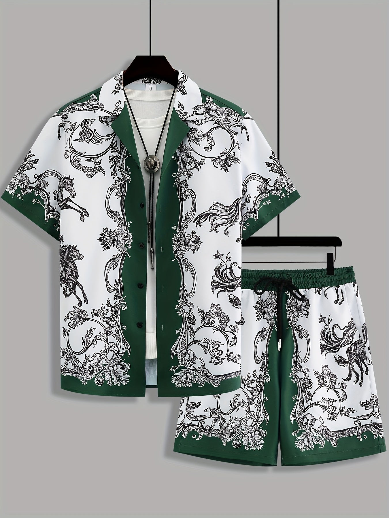 Men's Summer Suit Set: Short Sleeve Knight Print Positioning Burned Shirt with Open Collar, Drawstring Casual Shorts Pajama Two-Piece Set