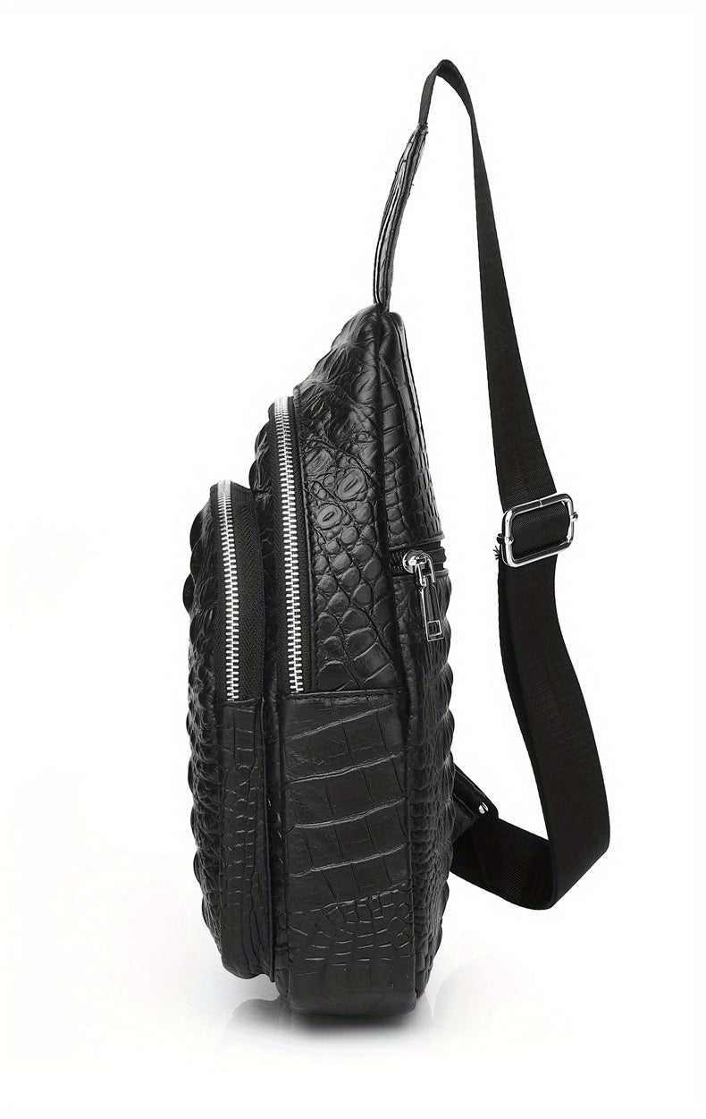 SCHLATUM Genuine Leather Crocodile Pattern Sling Bag - Black, Large-Capacity Multifunctional Crossbody Backpack for Travel, Sports Camping, Stylish Zipper Closure Design