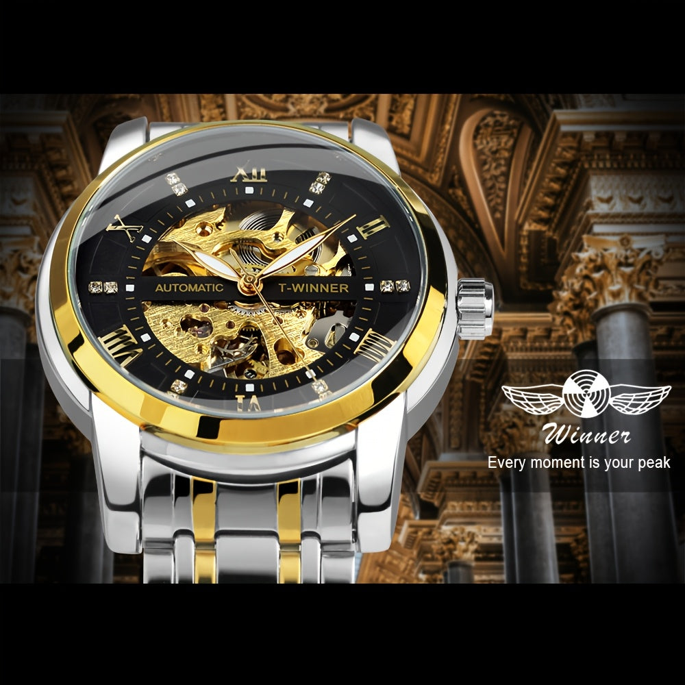 1pc Fashion Luxury Golden Skeleton Automatic Mechanical Watch for Men Luminous Hands Top Brand Stainless Steel Strap Business Casual Mens Watches Festival Birthday Gifts, TWINNER