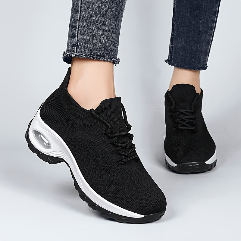 Women'S Breathable Mesh Casual Sneakers - Comfortable, Lightweight Running Walking Shoes with Air Cushion, Shock-Resistant Sole, Lace-Up Design in Black and White