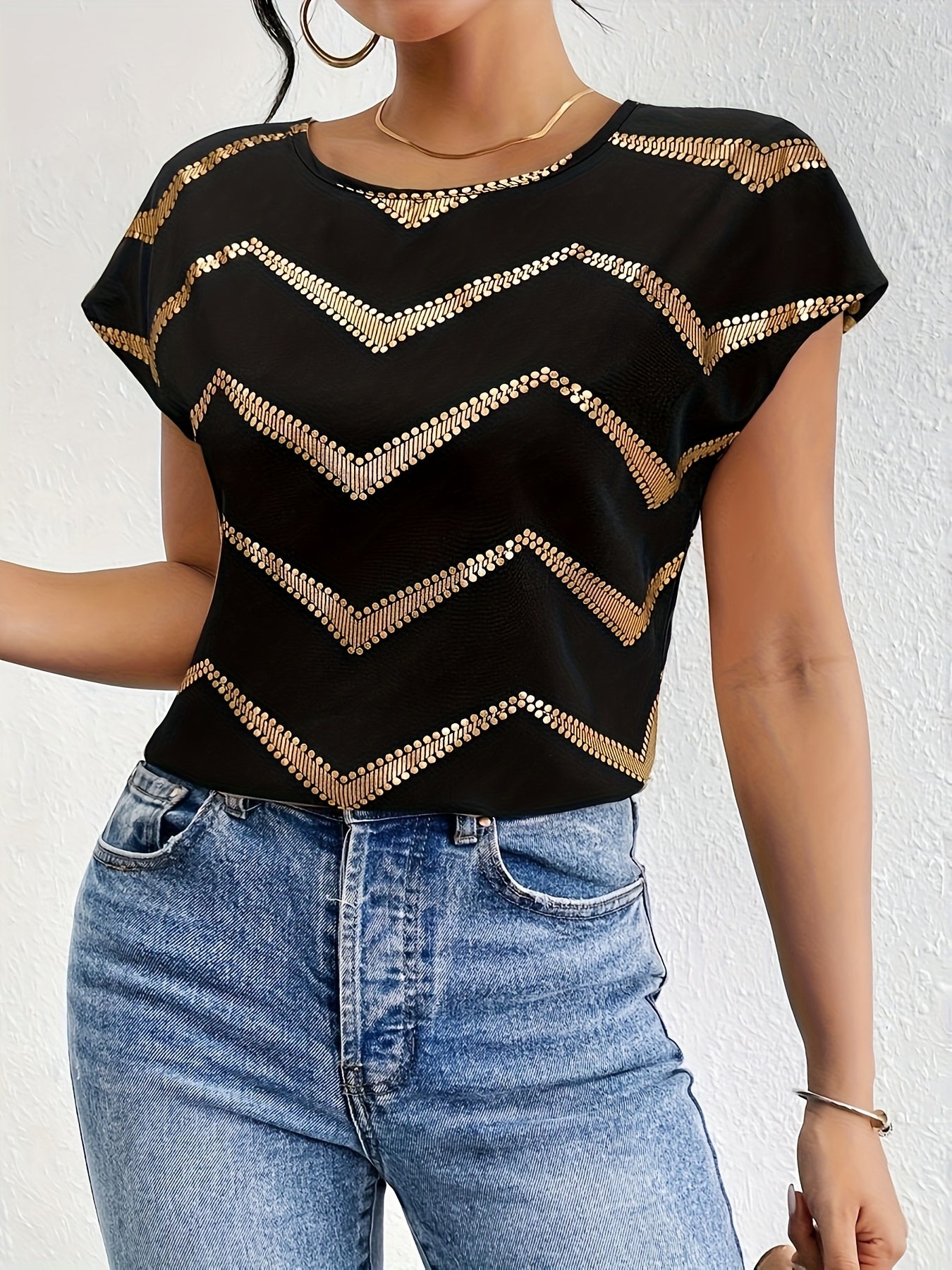 Women's Elegant Batwing T-Shirt - Black with Golden Geometric Print, Stretchy Polyester-Spandex Blend, Round Neck Casual Top for Spring Summer Fall, Machine Washable for Parties Dates Casual Attire