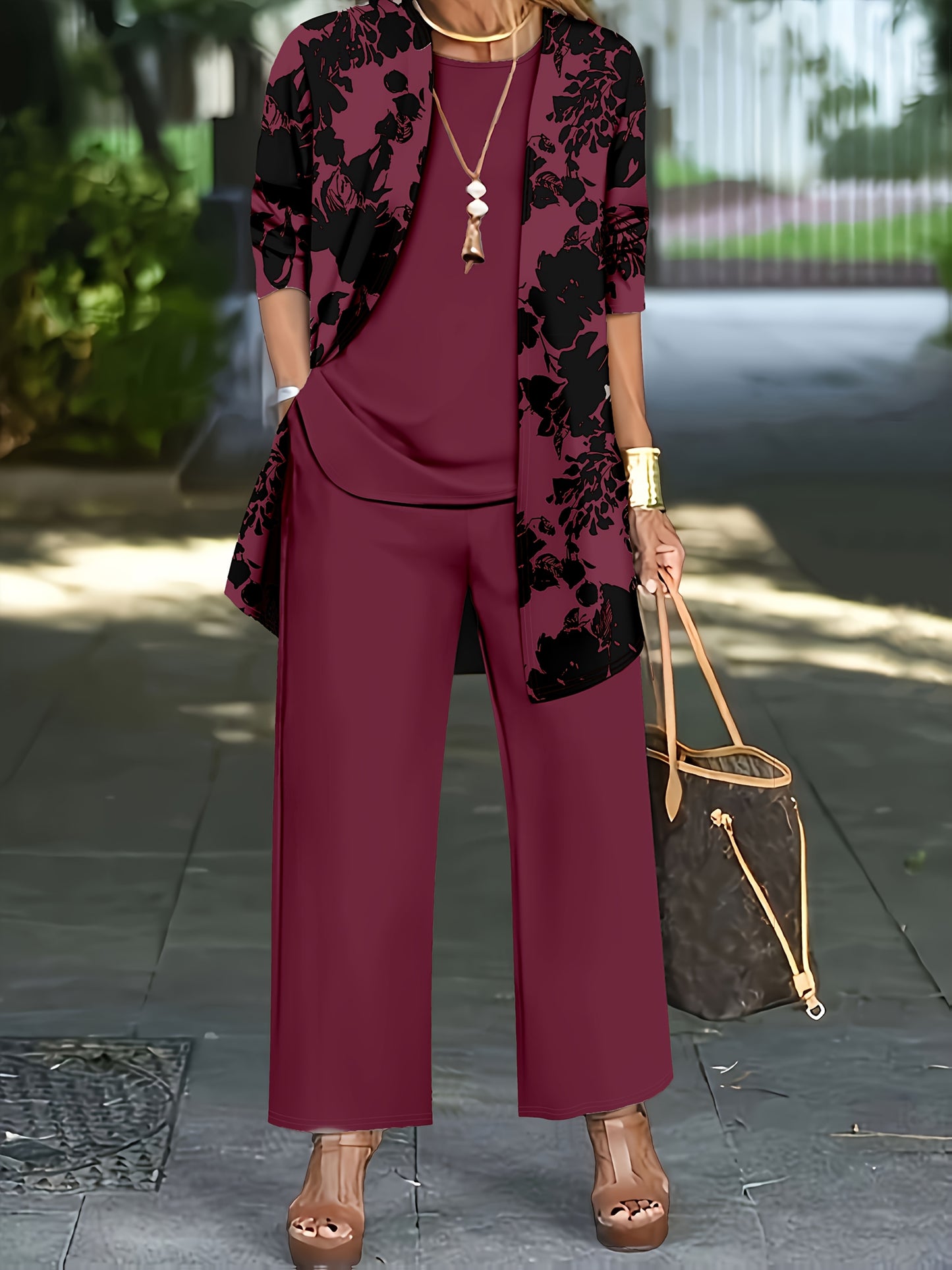Plus Size, A three-piece set of elegant and unique female plus-size floral printed top and solid-colored vest and trousers