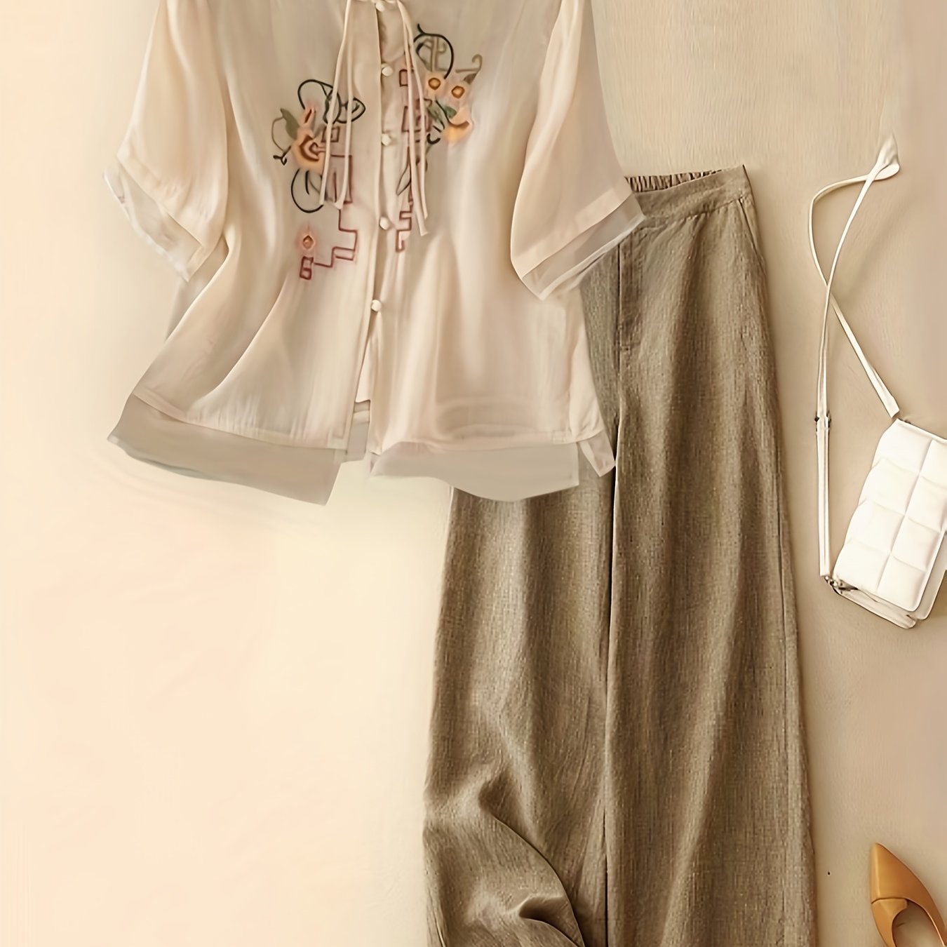 New Season Women'S High-End Shirt with Chinese Style Prints And Solid Color Long Pants Two-Piece Set.