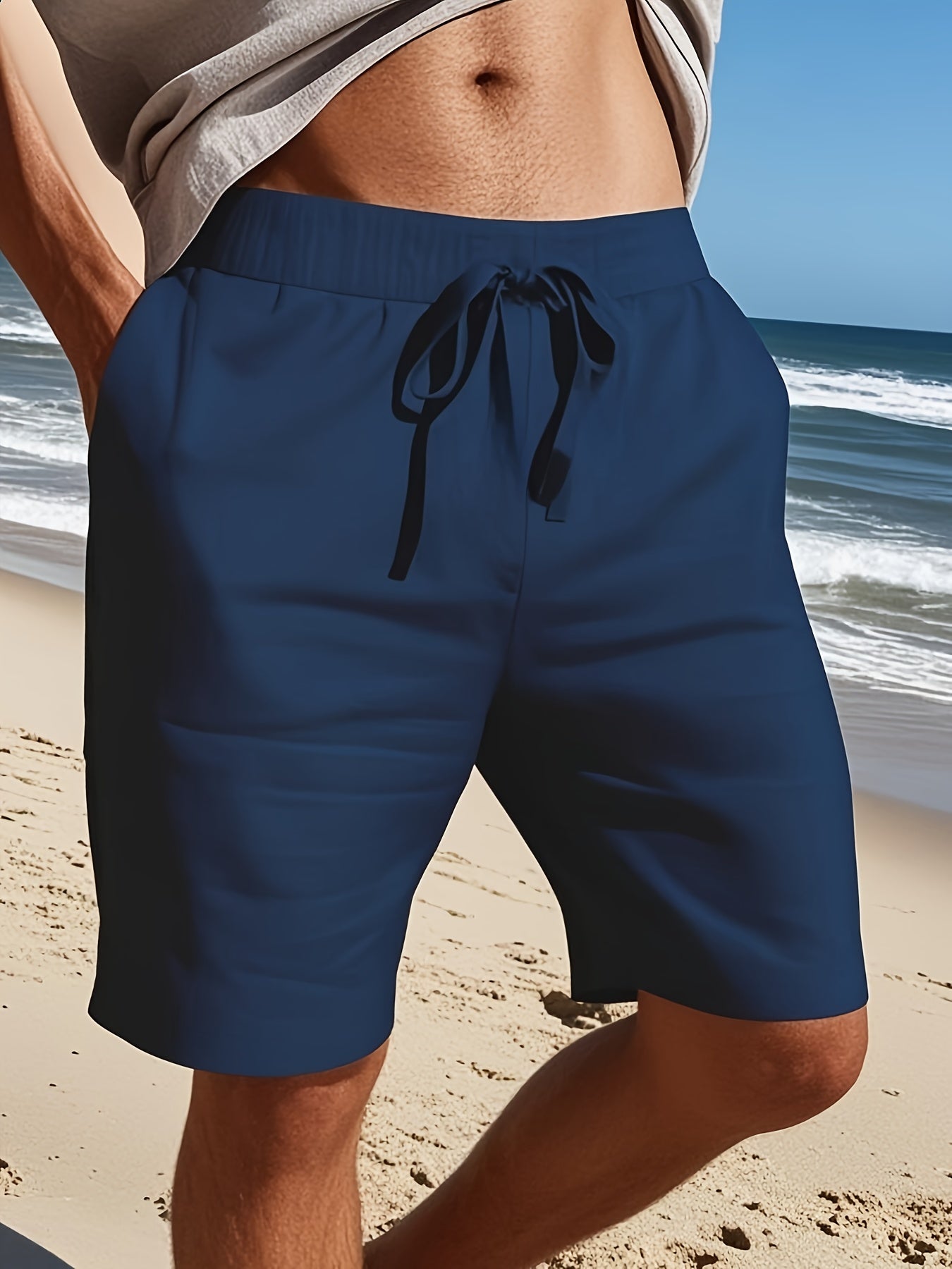 Men'S Light Blue Linen Shorts - Casual & Comfortable with Pockets, Drawstring Waist, Perfect for Summer Beach Outings and Casual Attir