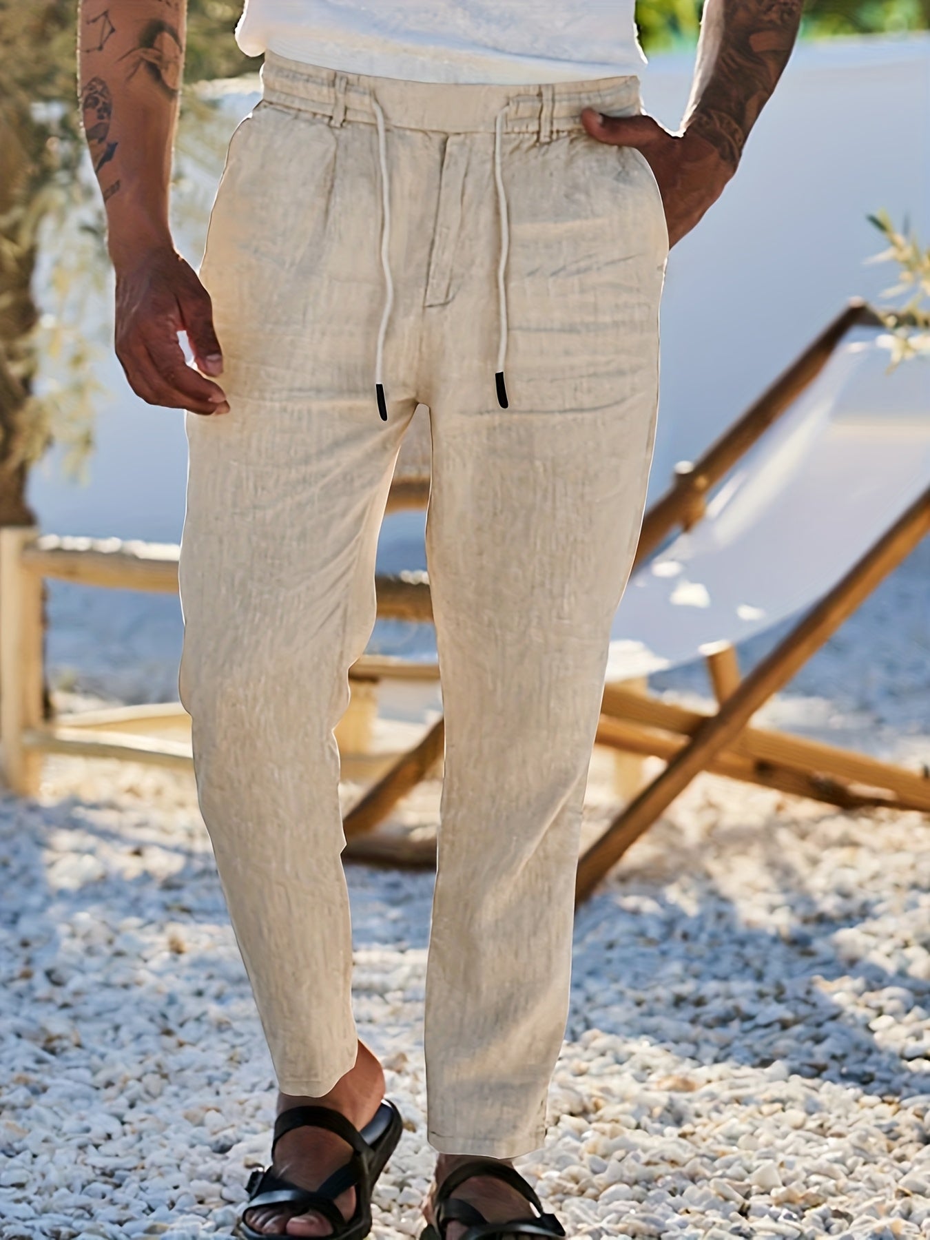 Men'S Casual Linen Drawstring Pants - Comfortable Straight Fit, Lightweight & Breathable for Beach & Outdoor Activities, Beach Casual Wear|Straight Fit Pants|Lightweight Fabric