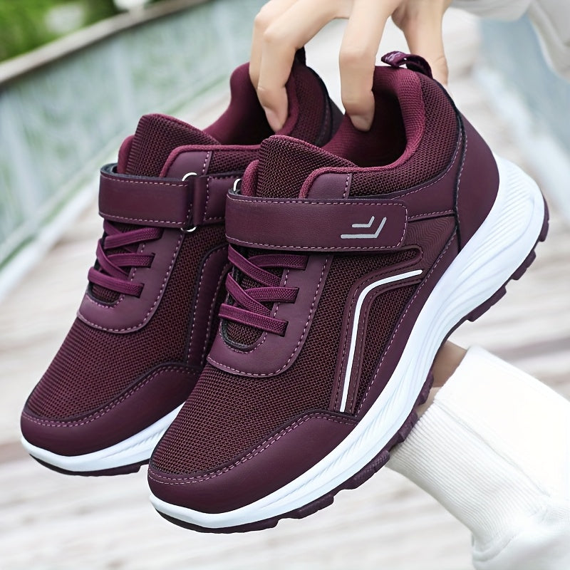 Women's Breathable Mesh Sneakers - Maroon Low-Top Casual Sneakers with Adjustable Hook-and-loop Fastener Strap Laces, Comfortable Fabric Insole, All-Season Round Toe Design, Breathable Footwear Stylish Mesh Sneakers Adj
