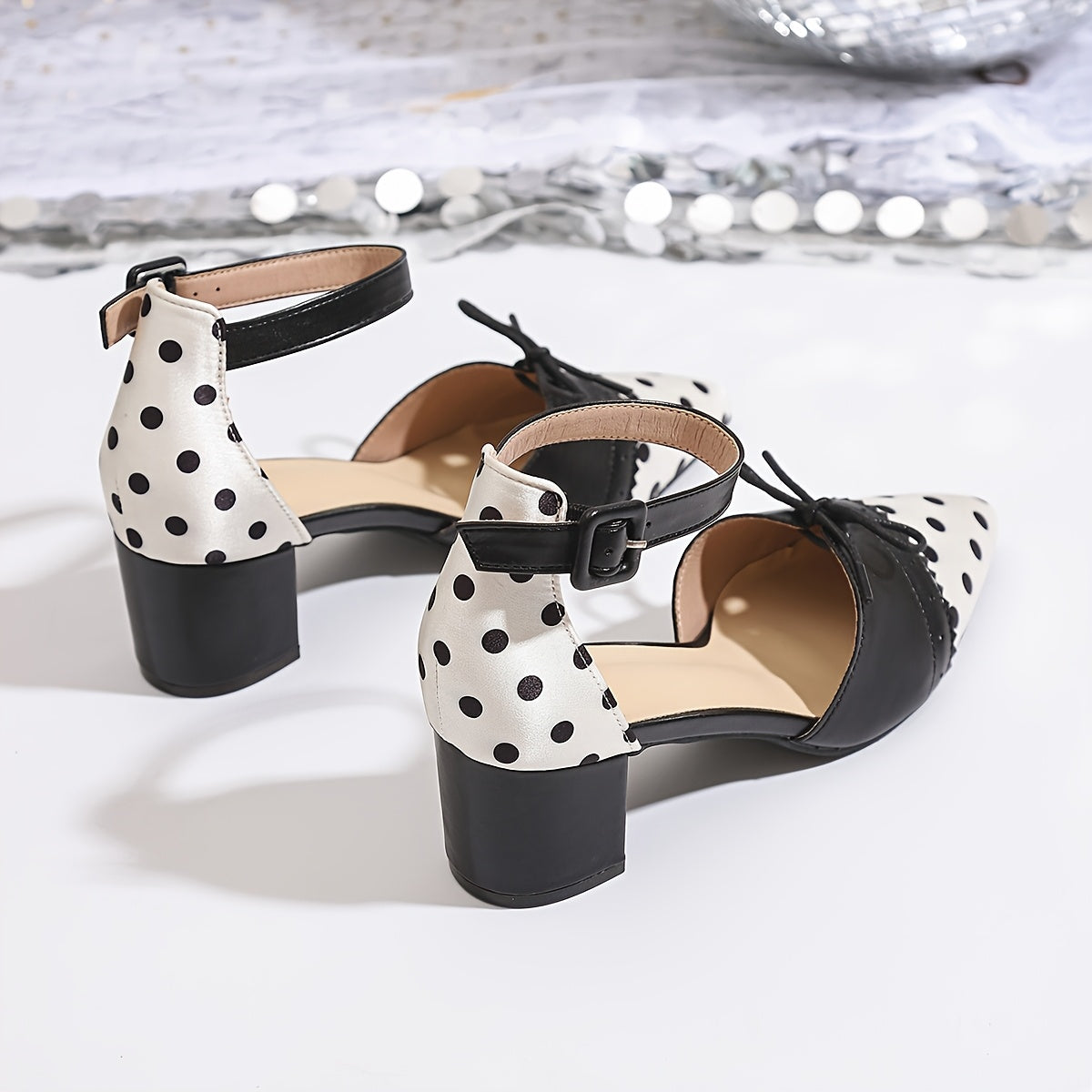 Women'S Sexy Polka Dot Mary Jane Pumps with Bow Detail - Pointed Toe, Block Heel, Ankle Strap, Summer Fashion Show Shoes, Hollow Design, Synthetic Cover Rubber Sole, Summer Fashion Shoes Polka Dot Pattern Rubber Sole Fo