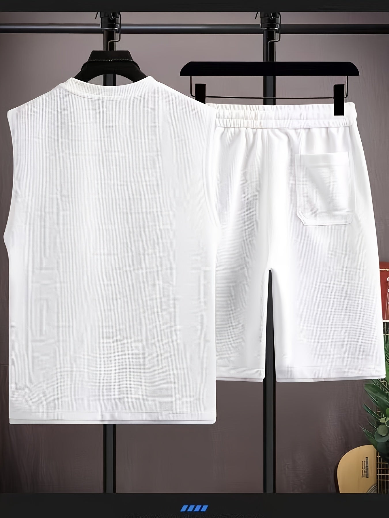 Summer Men's waffle vest set, casual fashion fake two-piece sleeveless vest and casual shorts two-piece set, sports set, breathable, soft and comfortable