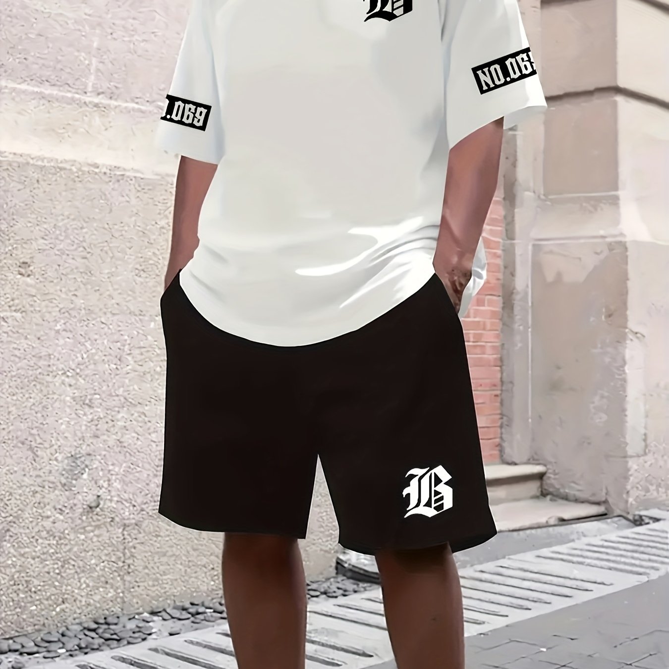 Men's Casual T-Shirt and Shorts Set with Bold "B" Print - Polyester Knit Fabric, Machine Washable, Summer Streetwear, Perfect for Outdoor Activities and Comfortable Leisure Wear